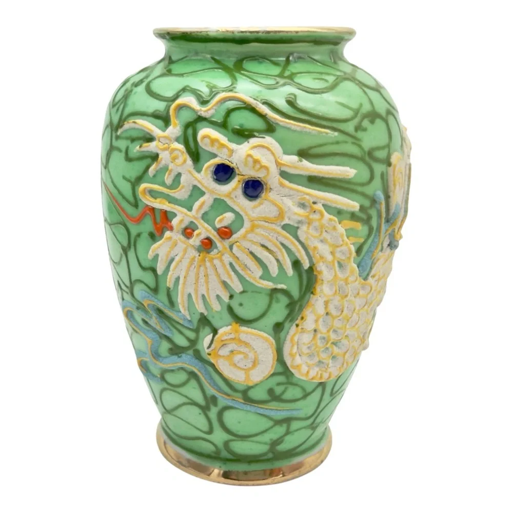 Vintage Moriage Dragonware Vases Pair Japan Green Spaghetti Slip Blue Set of 2 - Picture 7 of 10